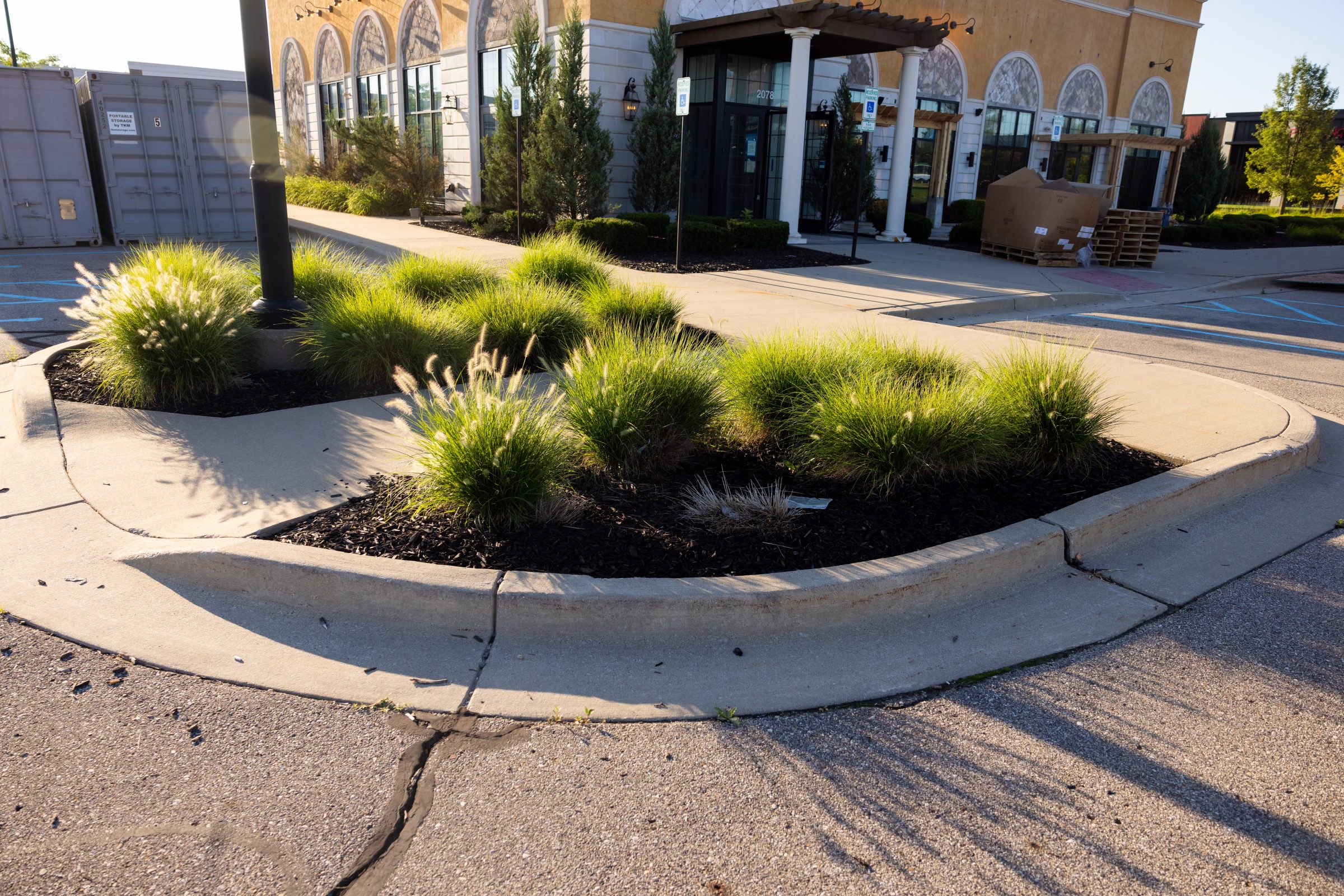 Landscaped parking lot with bushes and sidewalk.