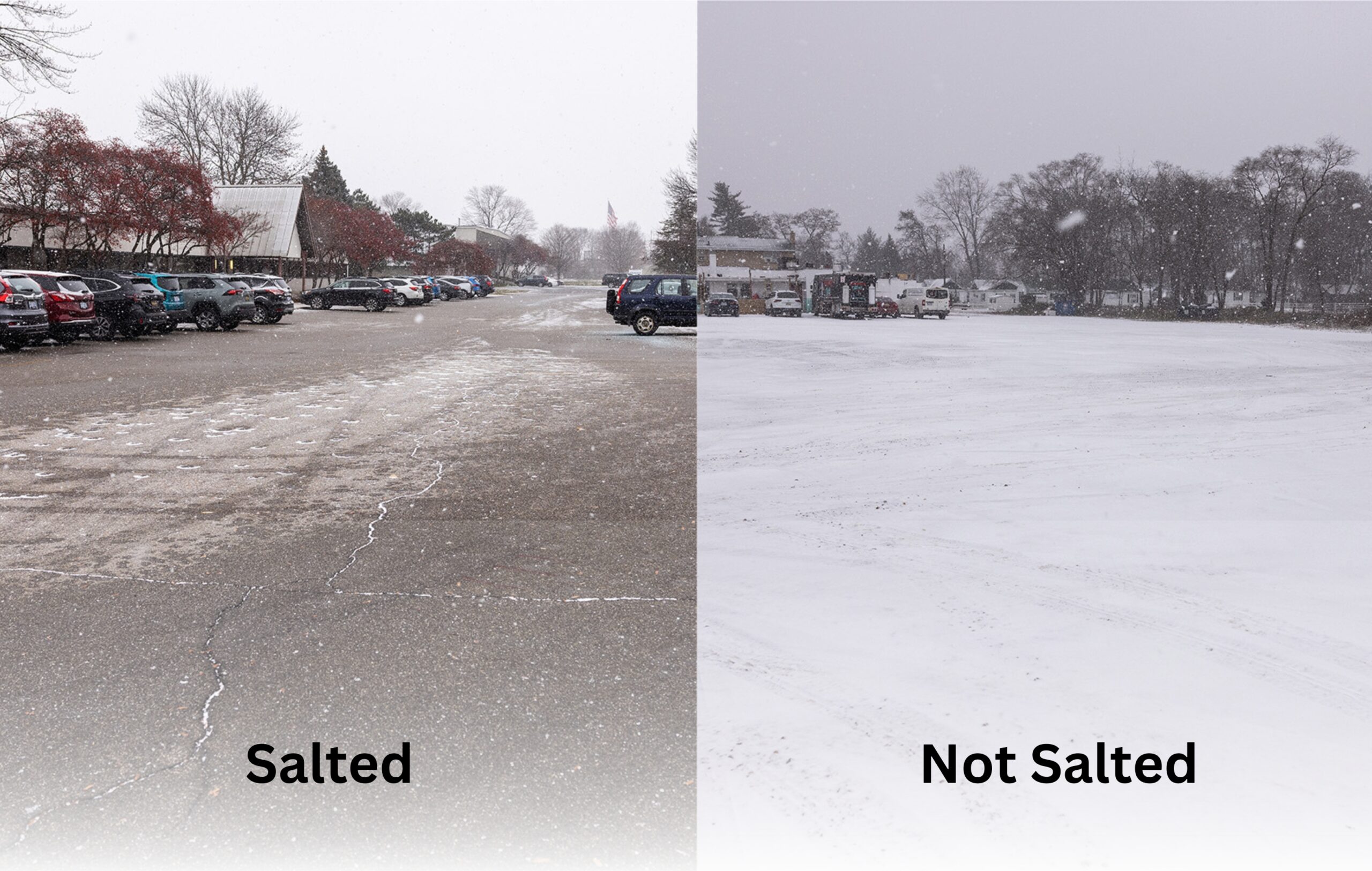 Comparison of salted vs. unsalted snowy parking lot.