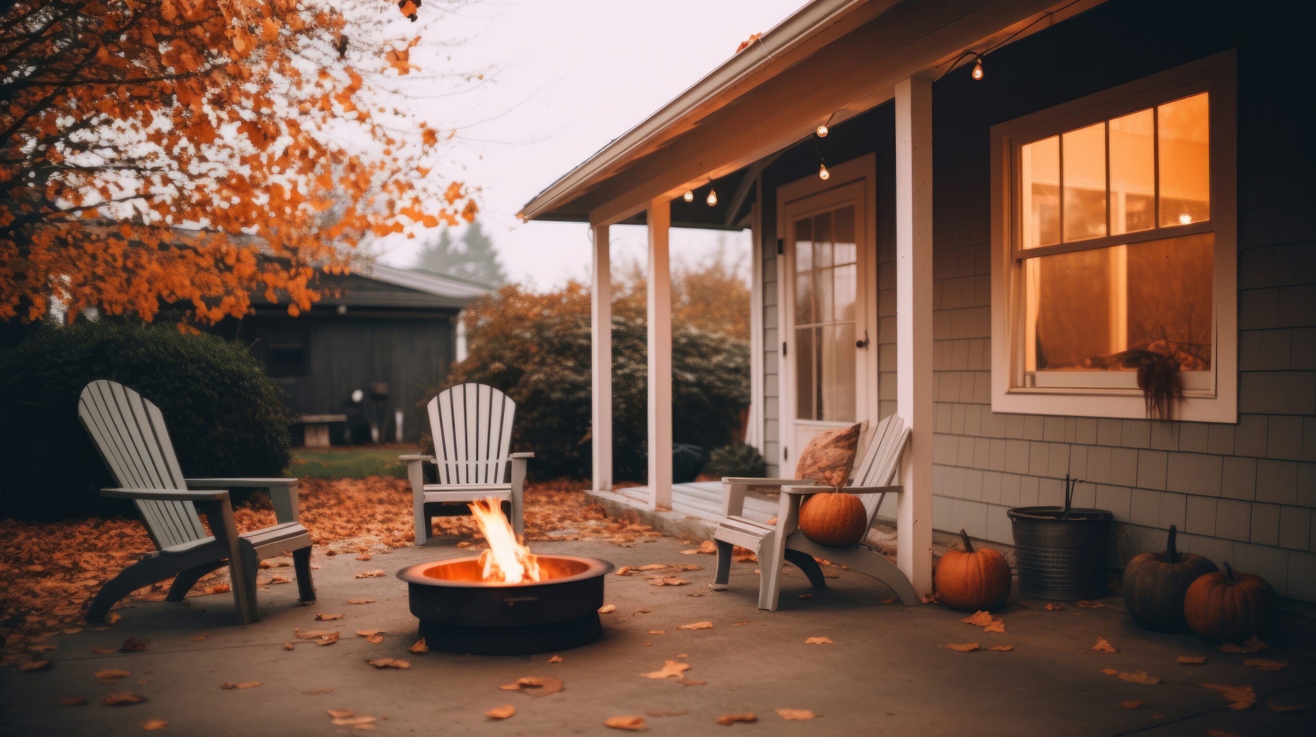Cozy autumn porch with fire pit and pumpkins