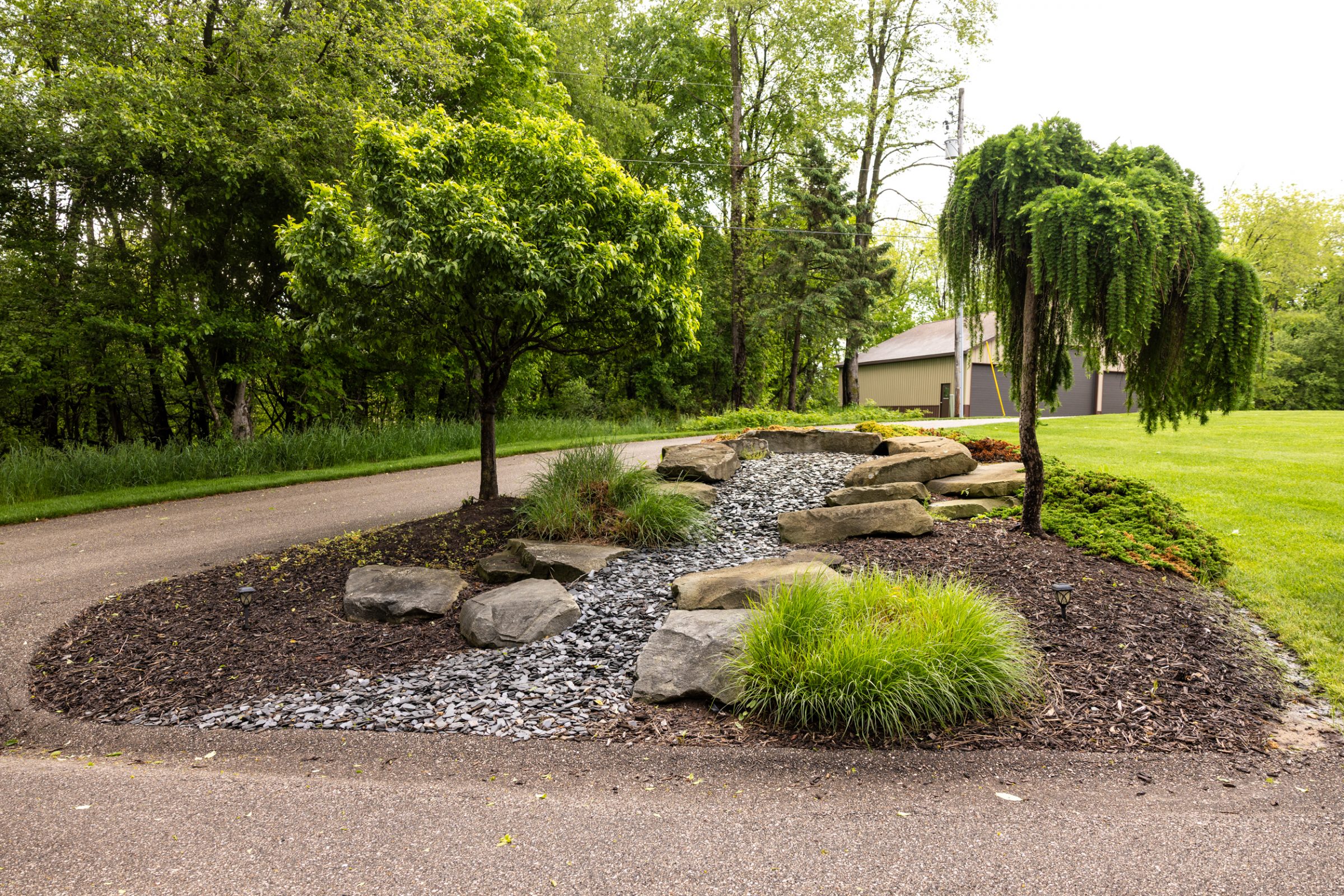 Lush garden path with rocks and trees.