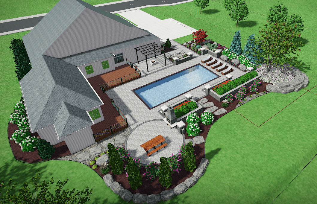 Backyard with pool, patio, and landscaping design.